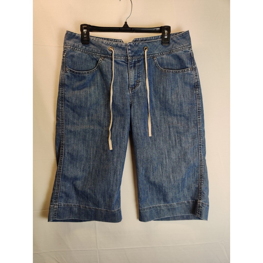 Merona Women's Bermuda Denim Drawstring Shorts Sz 12 Blue Flat Front Comfort